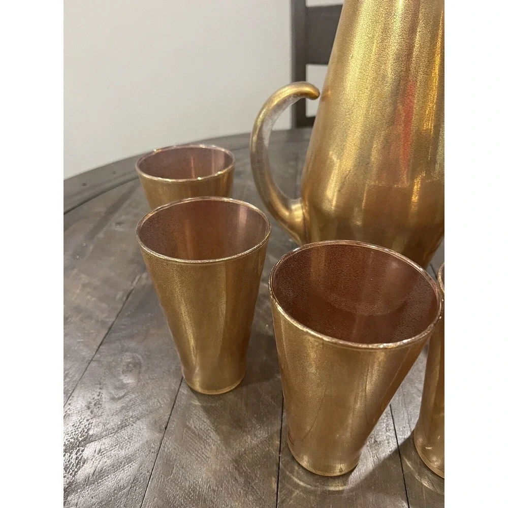 Vintage Gold Flecked/Splatter Pitcher w/‎ 6 Glasses West Virginia Glass Co MCM
